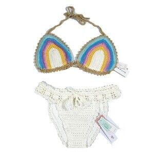 NWT PQ Swim Rainbow Romance Crochet Bikini Top & Lux Crochet Full Bottom Set